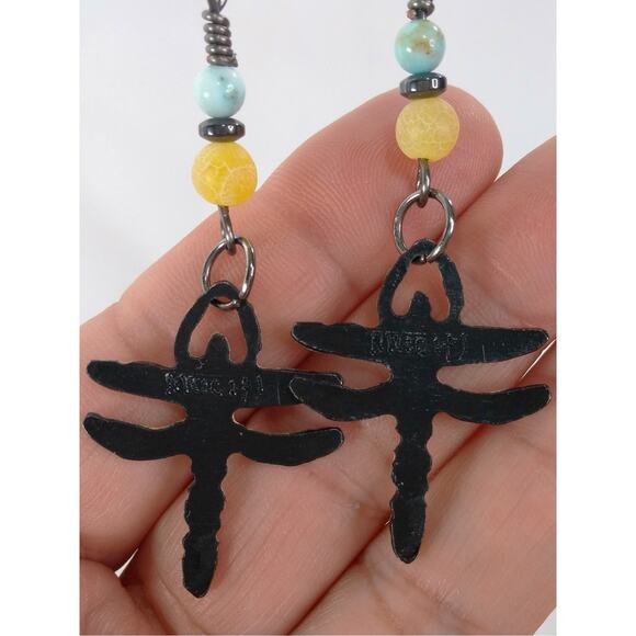NEW Artisan Pewter Dragonfly Earrings Yellow Green Distressed Dangle Lead Free - Picture 6 of 11